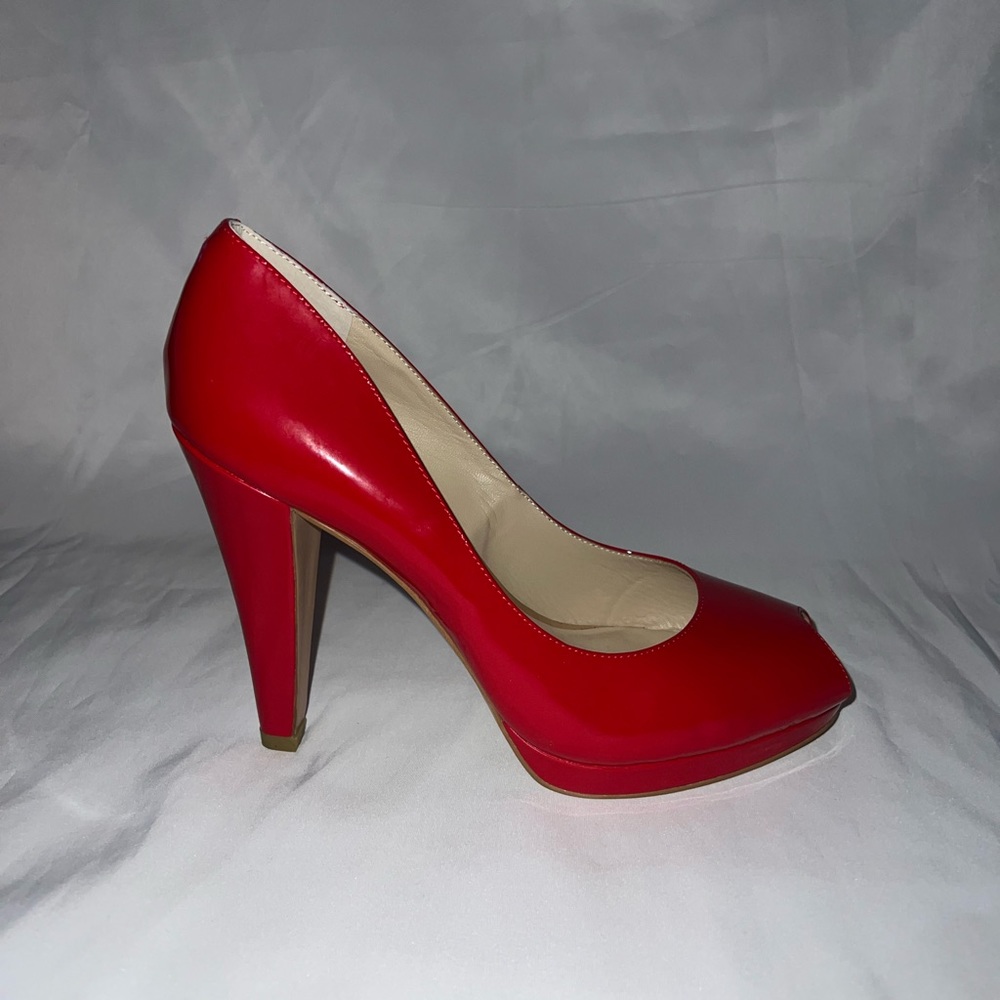 NWOB Shoes Of Prey Size 11 W Open Toe Red Heels Heel 5” Front 0.5” Patent Leathe